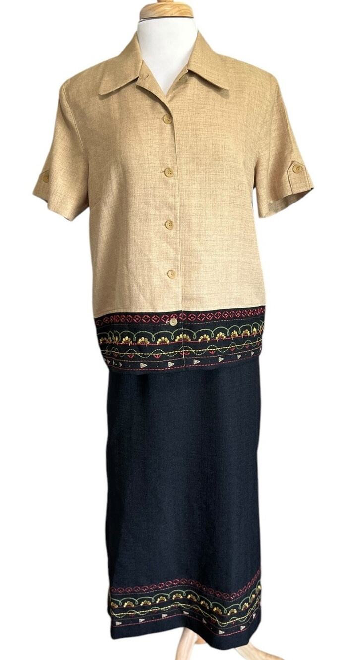 Alfred Dunner Gold Black Top Skirt 2pc Set Embroidered Parisian Chic 12/14